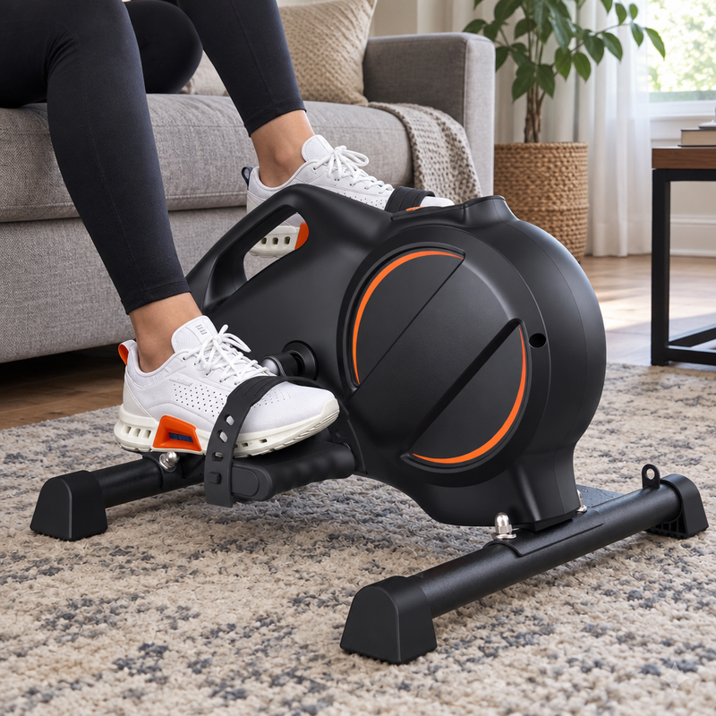 Mini vélo d'appartement PedalDesk posé devant un canapé