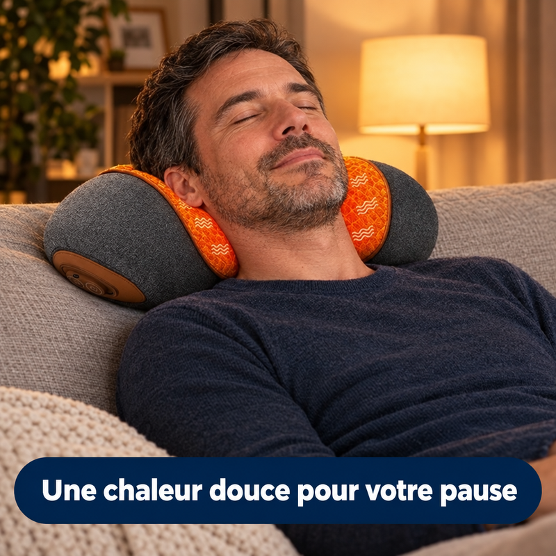 Homme se reposant le soir sur un canapé avec l'oreiller chauffant ThermoNeck