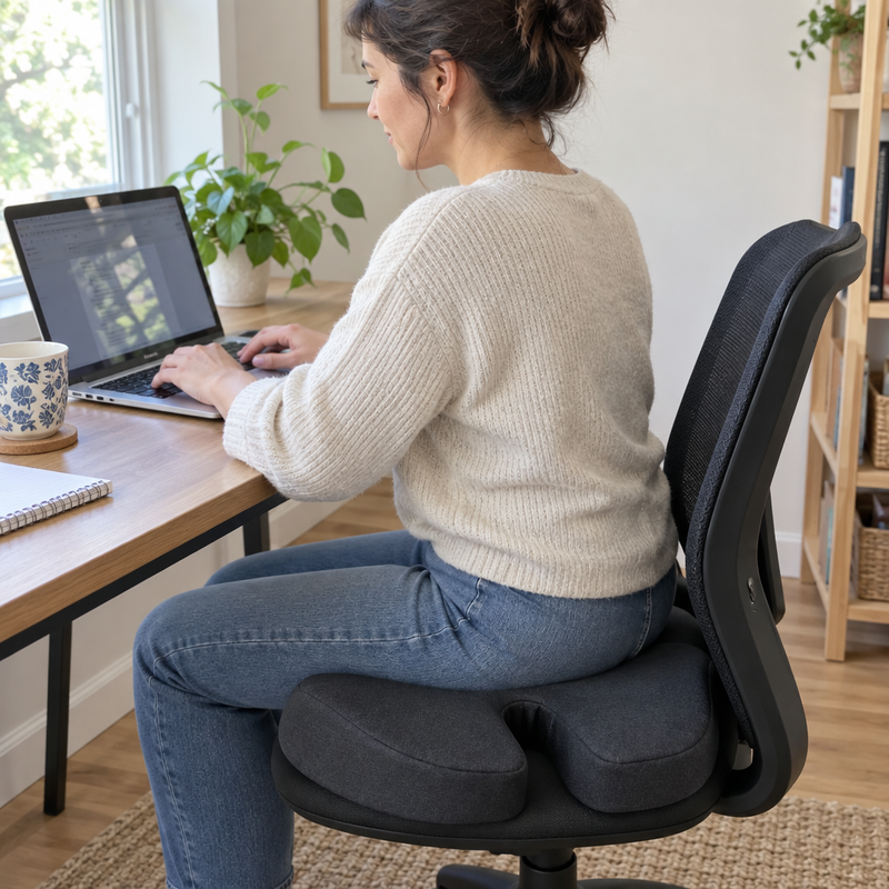 Femme assise à son bureau sur le coussin d'assise ergonomique en U SitEase