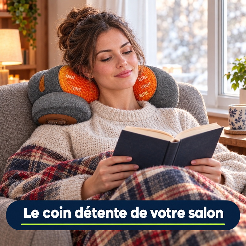 Femme lisant dans un fauteuil près d'une fenêtre avec l'oreiller ThermoNeck