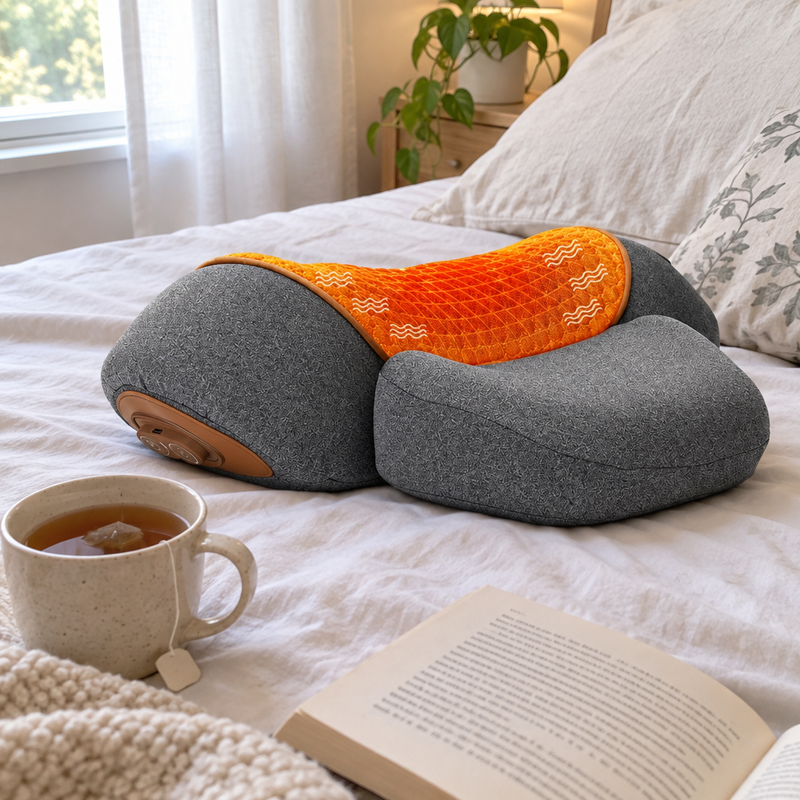 Oreiller cervical chauffant ThermoNeck sur un lit près d'une tasse de thé et d'un livre
