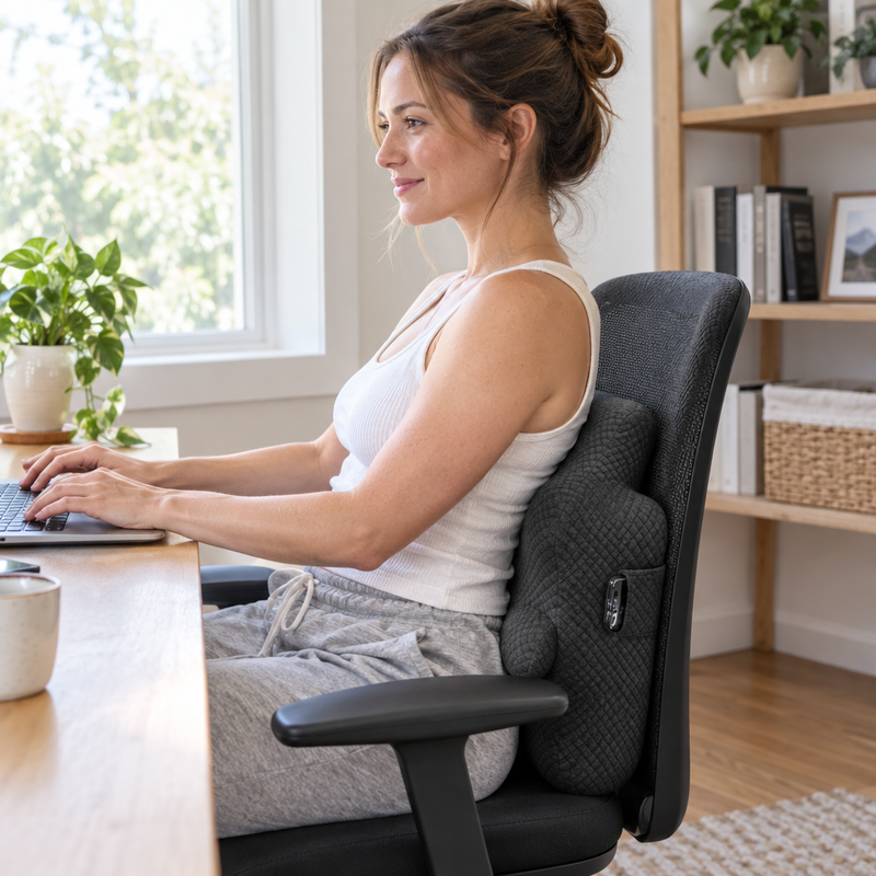 Femme assise à son bureau avec le coussin lombaire LumbaRest dans le bas du dos