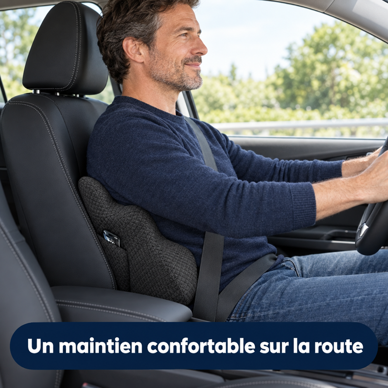 Homme au volant avec le coussin lombaire LumbaRest derrière le bas du dos