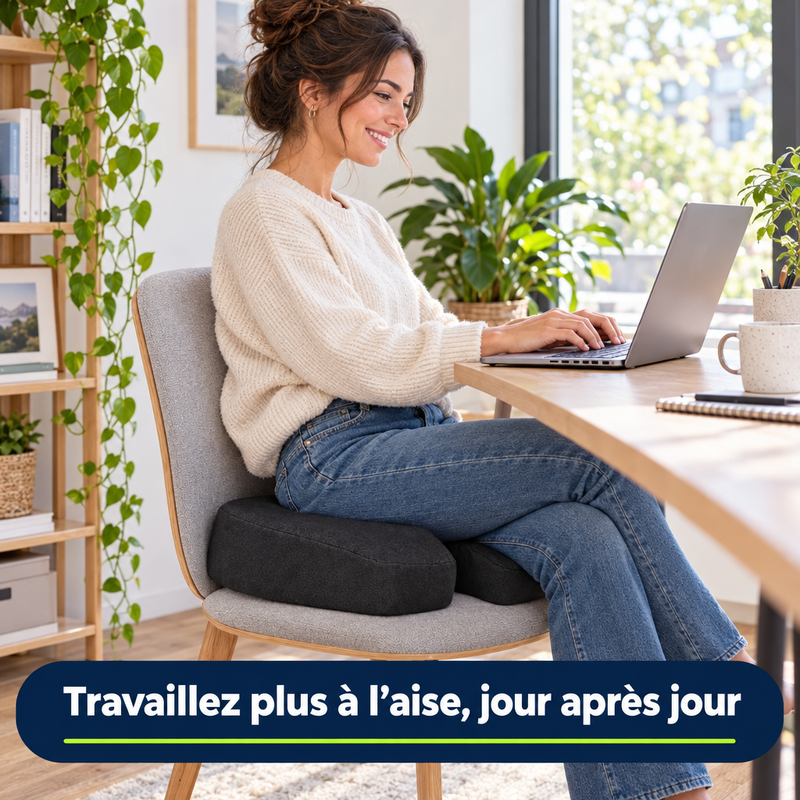 Femme en télétravail sur son ordinateur assise sur le coussin SitEase