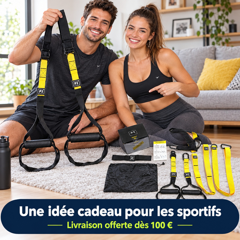 Couple sportif découvrant les sangles de suspension ZynStrap dans un salon