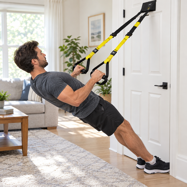 Homme réalisant un tirage avec les sangles de suspension ZynStrap fixées à une porte dans un salon