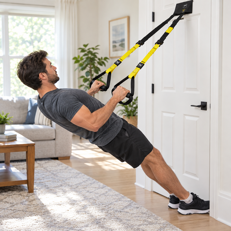 Homme réalisant un tirage avec les sangles de suspension ZynStrap fixées à une porte dans un salon