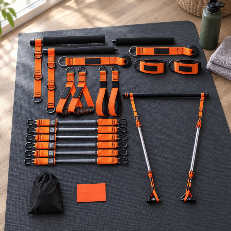 Kit PilatesBar avec ses bandes posé sur un tapis de yoga près d'une gourde et d'une serviette