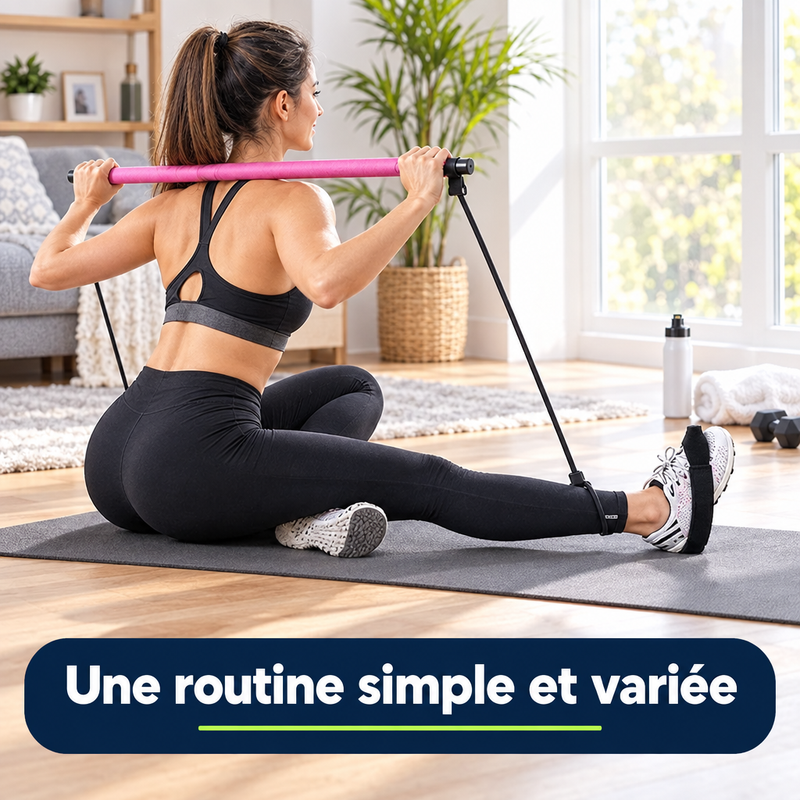 Femme en tenue de sport utilisant la barre de fitness FlexBar sur un tapis