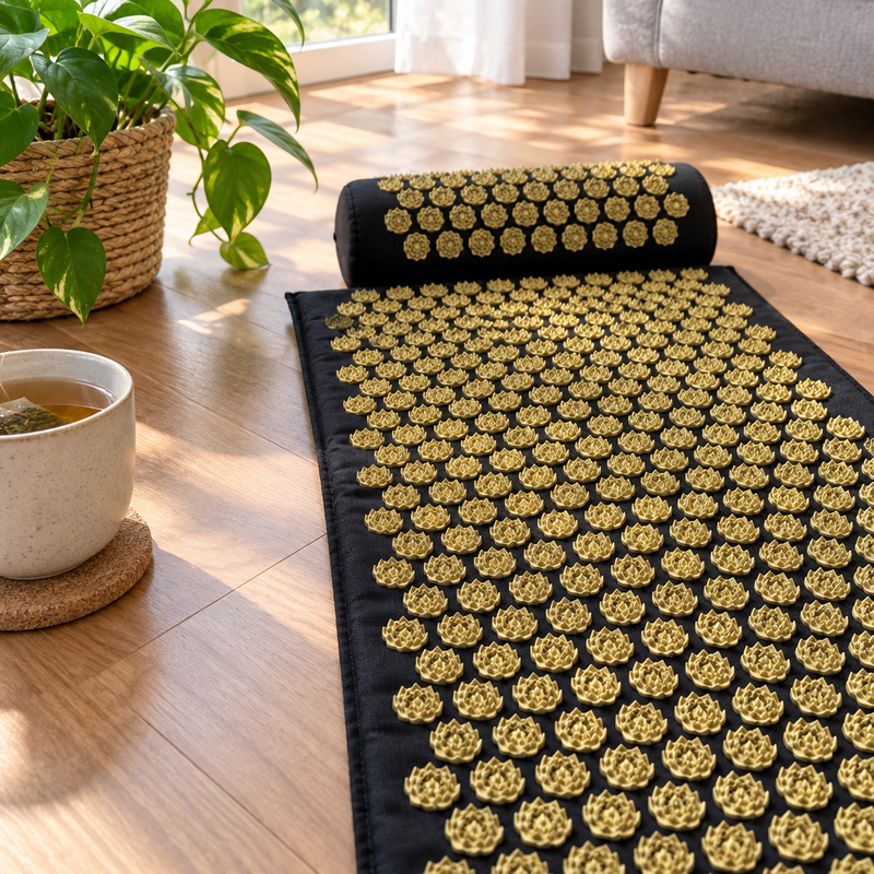 Tapis d'acupression AcuLotus déroulé au sol, détail des picots