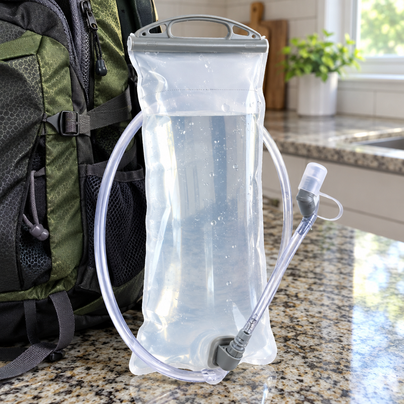 Poche à eau HydraFlow remplie, détail du tube et de la valve de morsure