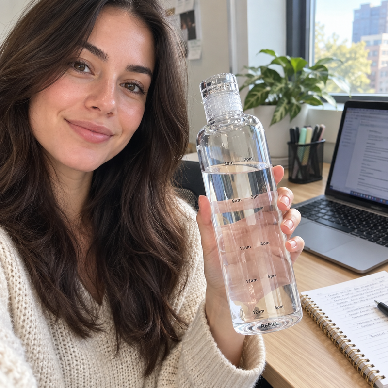 Femme à son bureau tenant la bouteille d'eau TimeSip 500 ml