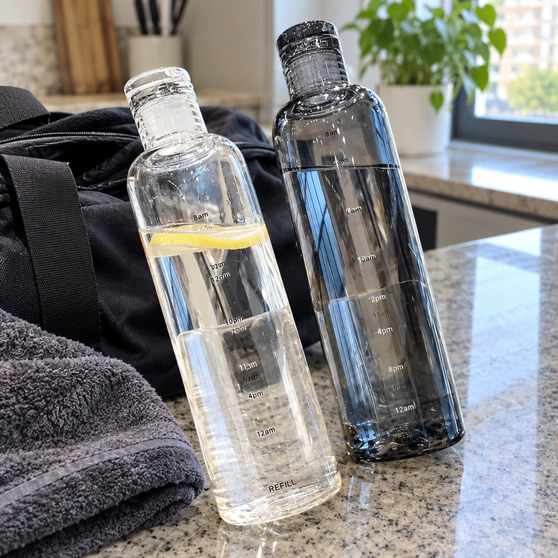 Bouteille TimeSip posée sur un plan de travail, détail de l'échelle de temps