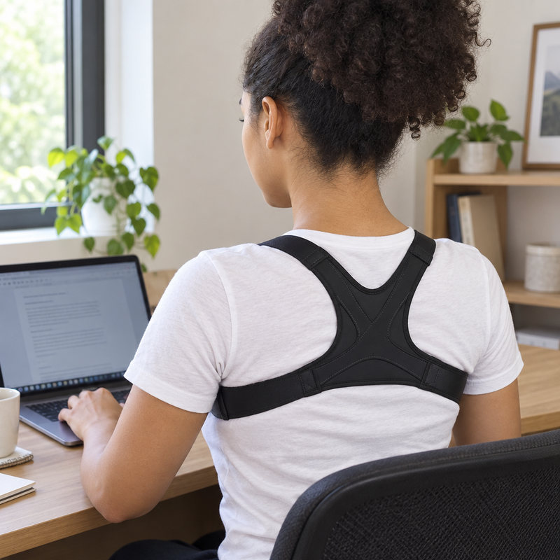 Personne à son bureau portant le correcteur de posture PosturAlign Pro sous un t-shirt