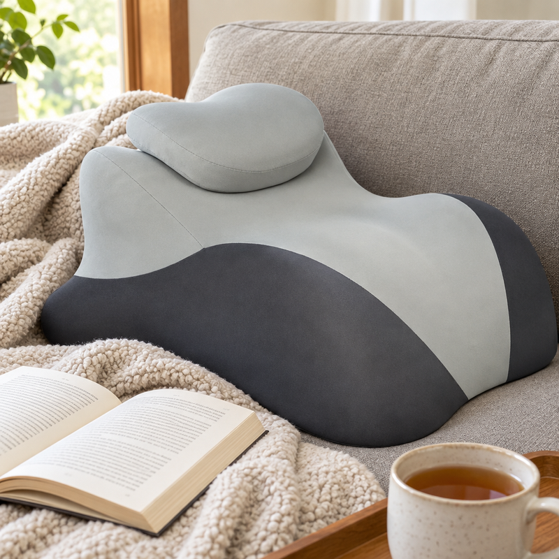Coussin de lecture ReadRest sur un canapé avec un livre et une tasse de thé