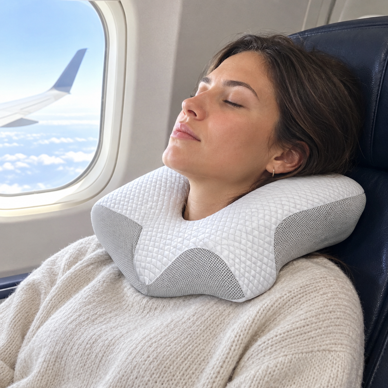 Voyageur au repos en avion avec l'oreiller cervical TravelRest