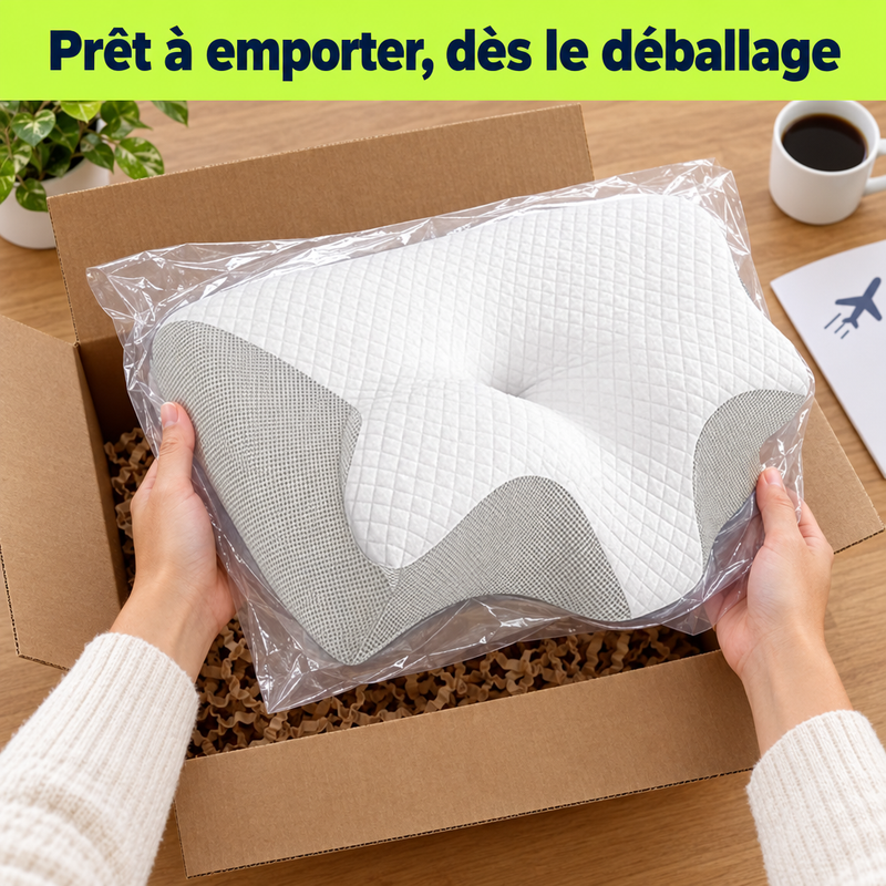 Déballage de l'oreiller TravelRest, prêt à emporter