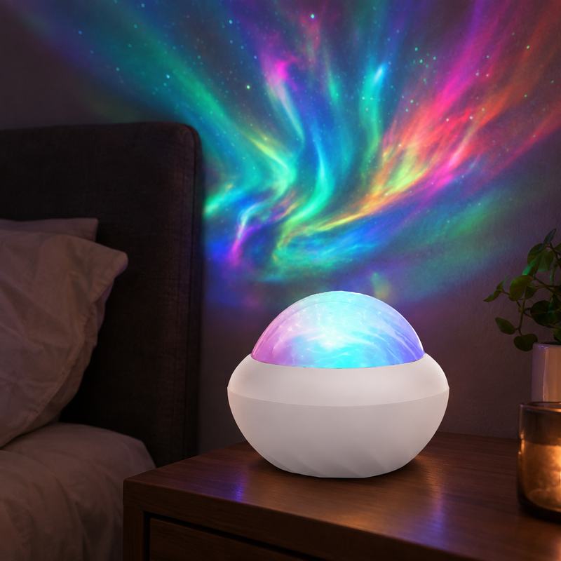 Projecteur AuroraGlow sur une table de chevet, détail de l'appareil