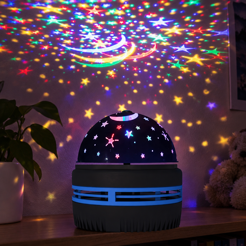 Projecteur StellaNuit sur une étagère, détail de l'appareil et étoiles au mur