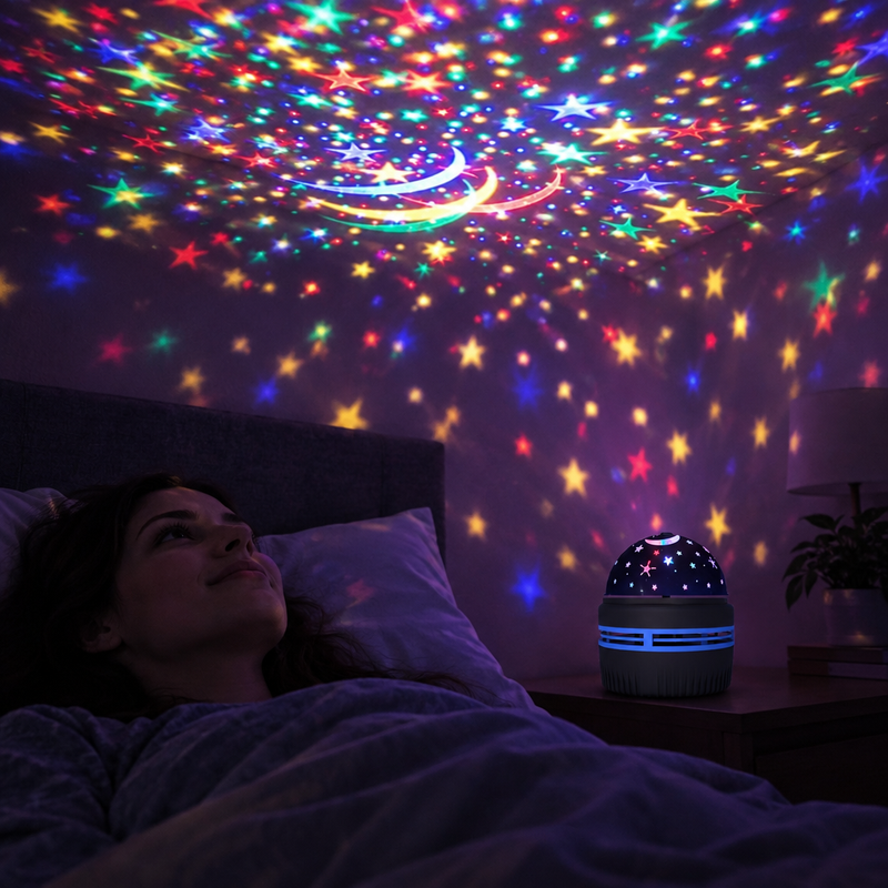 Femme allongée dans sa chambre sous un ciel étoilé projeté par StellaNuit