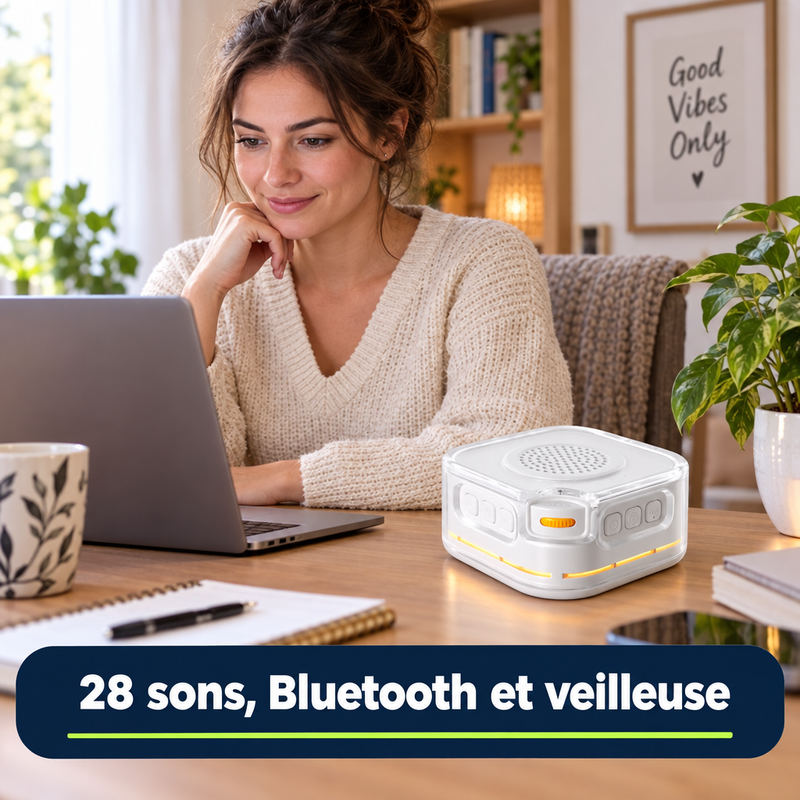 SomniSon : 28 sons, Bluetooth et veilleuse, à côté d'un ordinateur portable