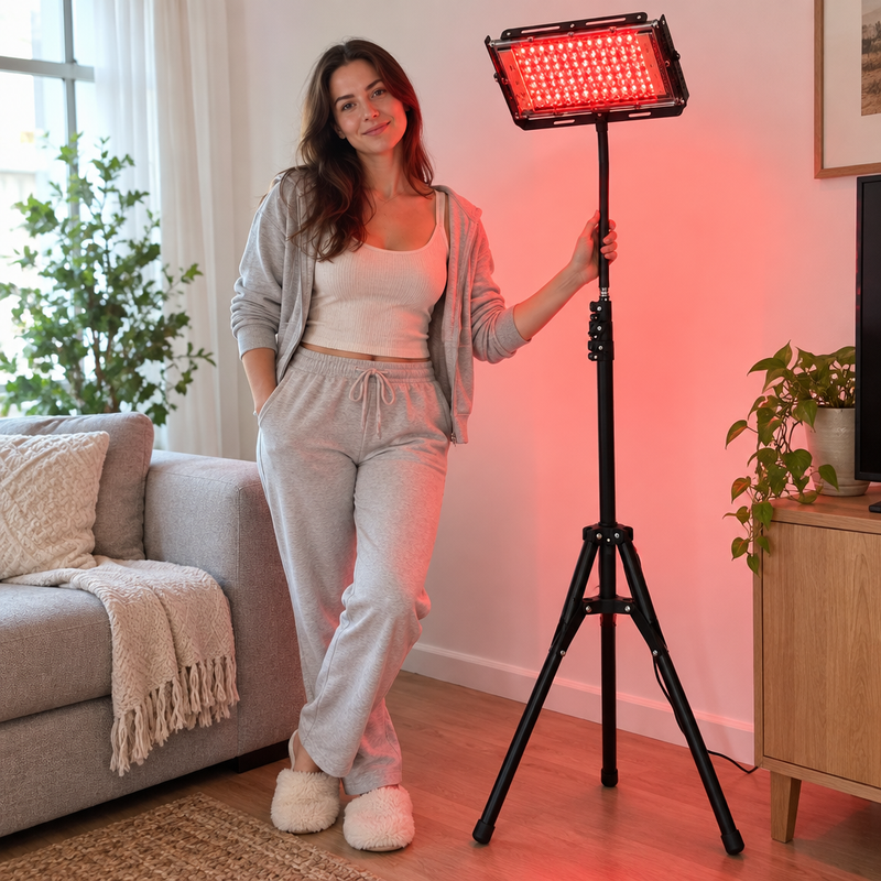 Femme dans un salon à côté de la lampe rouge sur pied RedLumi allumée