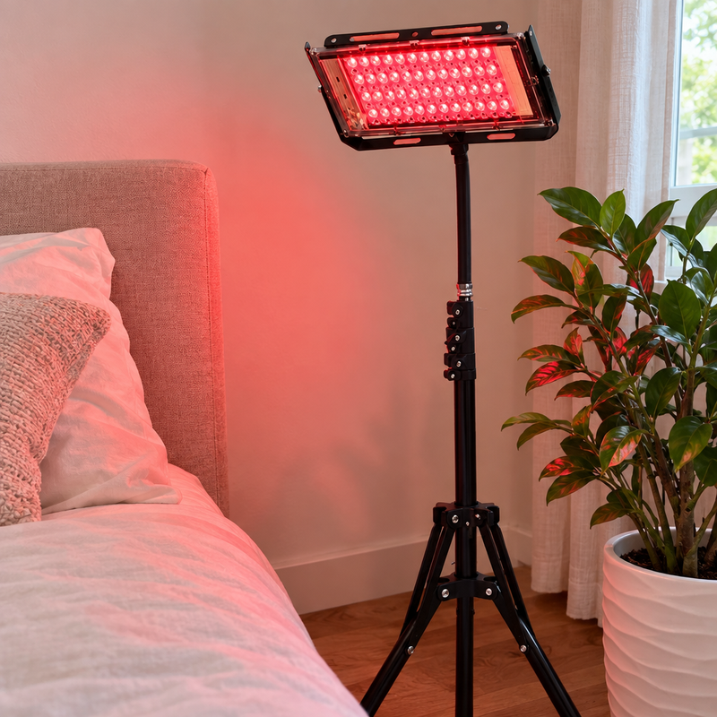 Lampe rouge RedLumi dans un coin de chambre, détail du panneau LED