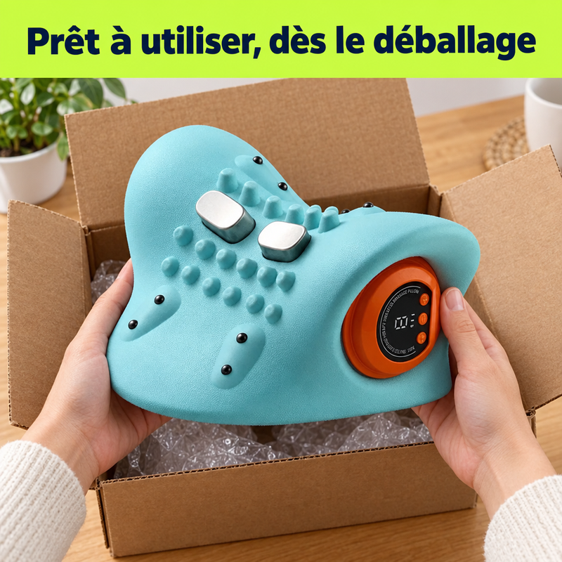 Déballage du masseur cervical CerviRelief Max, prêt à utiliser