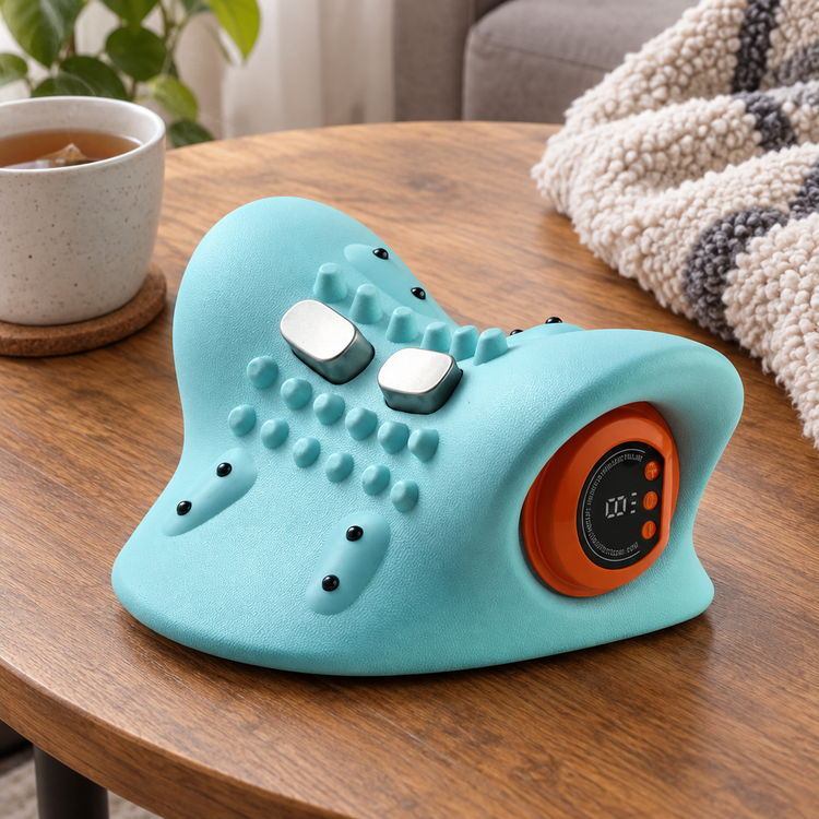Masseur cervical chauffant CerviRelief Max sur une table basse, détail de la forme