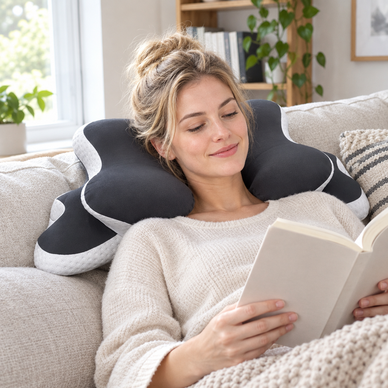 Femme détendue sur un canapé avec l'oreiller de nuque NeckForm™ en mousse à mémoire de forme