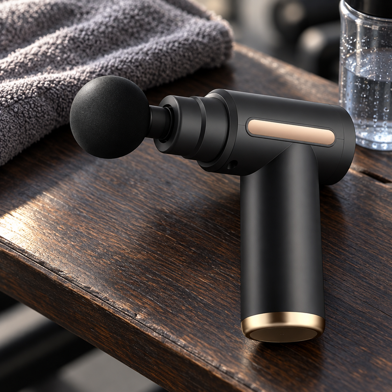 Gros plan sur le pistolet de massage PulseRelief Pro™ posé sur un banc avec une serviette