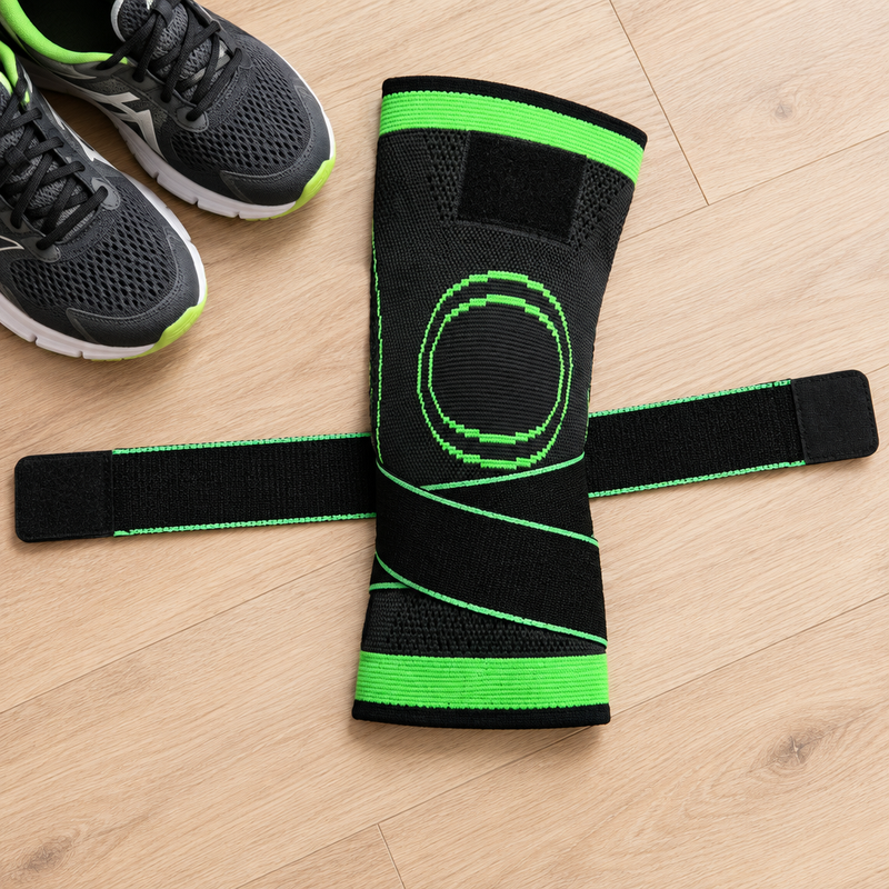 Gros plan sur le manchon de genou KneeFit™ et sa fermeture réglable