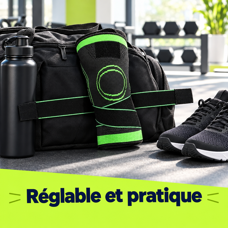 Manchon de genou KneeFit™ sur un sac de sport - réglable et pratique