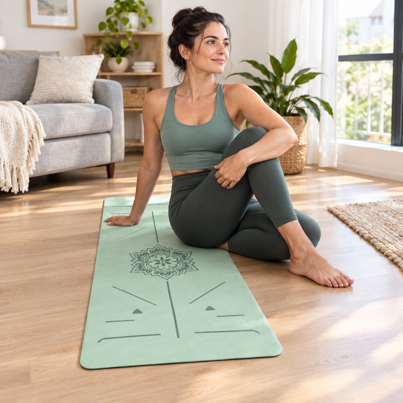Femme faisant un étirement doux sur le tapis de yoga ZenMat™ dans son salon