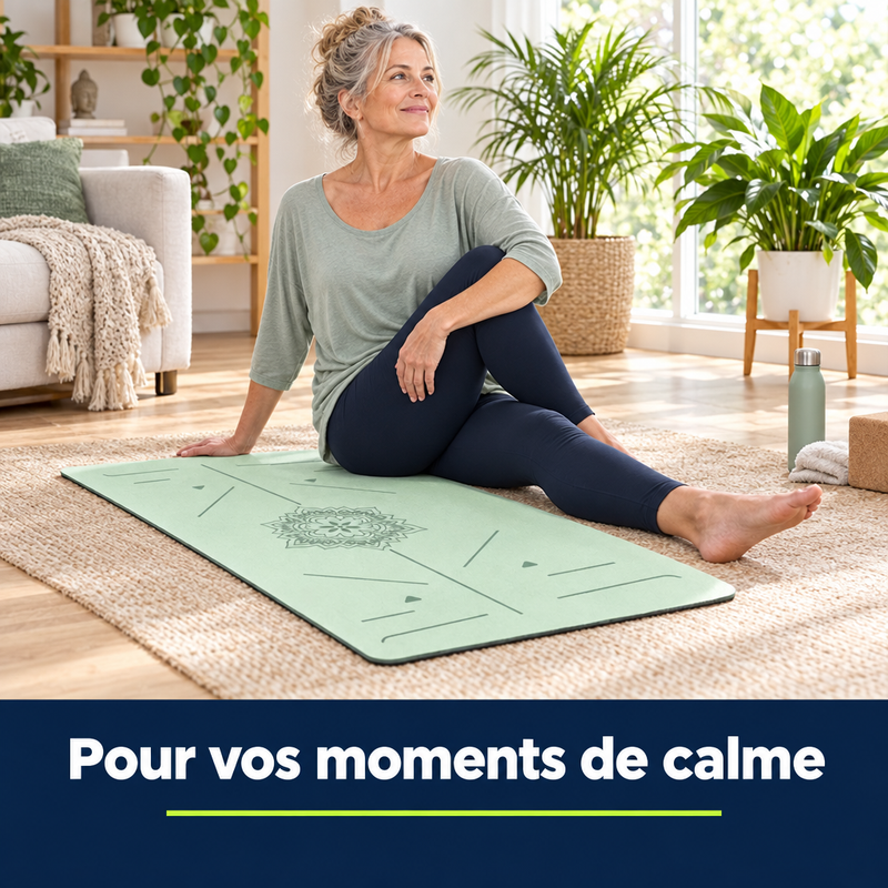 Femme s'étirant sur le tapis de yoga ZenMat™ pour ses moments de calme