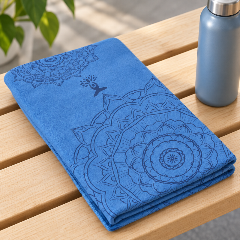 Gros plan sur la serviette de yoga DryFlow™ pliée, motif imprimé et tissu microfibre