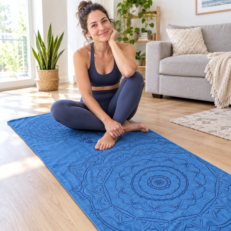 Femme assise sur son tapis de yoga avec la serviette en microfibre DryFlow™