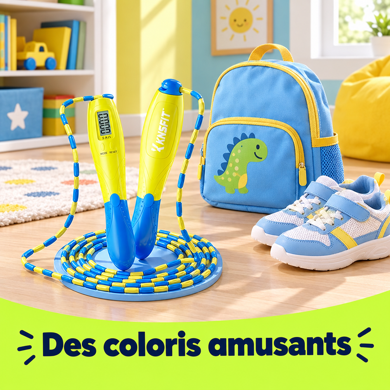 Corde à sauter BambouJump™ aux coloris amusants posée dans une salle de jeux
