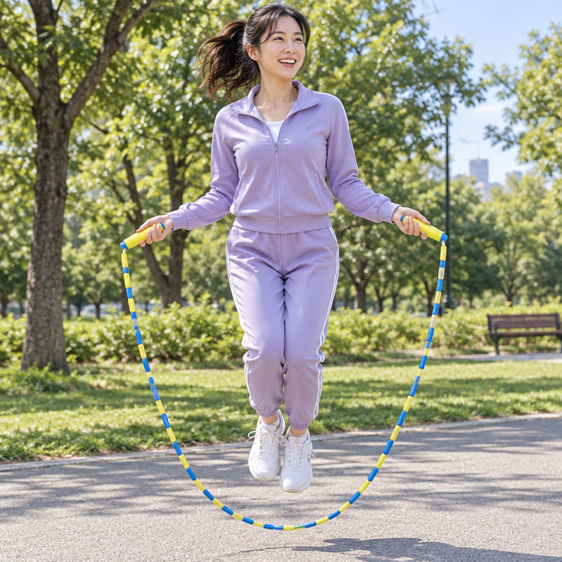 Femme sautant à la corde BambouJump™ dans un parc ensoleillé