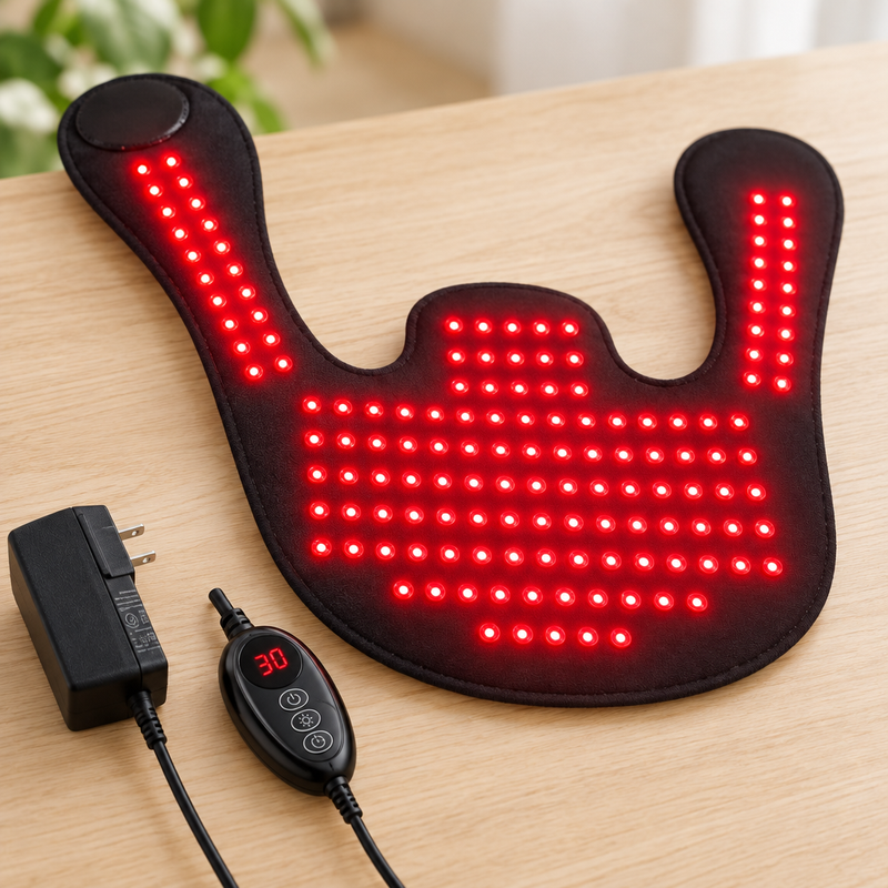 Gros plan sur le coussin GlowRed avec ses LED rouges, son contrôleur et son adaptateur