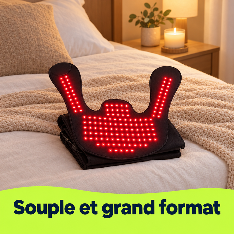 Coussin GlowRed souple et grand format posé sur un lit