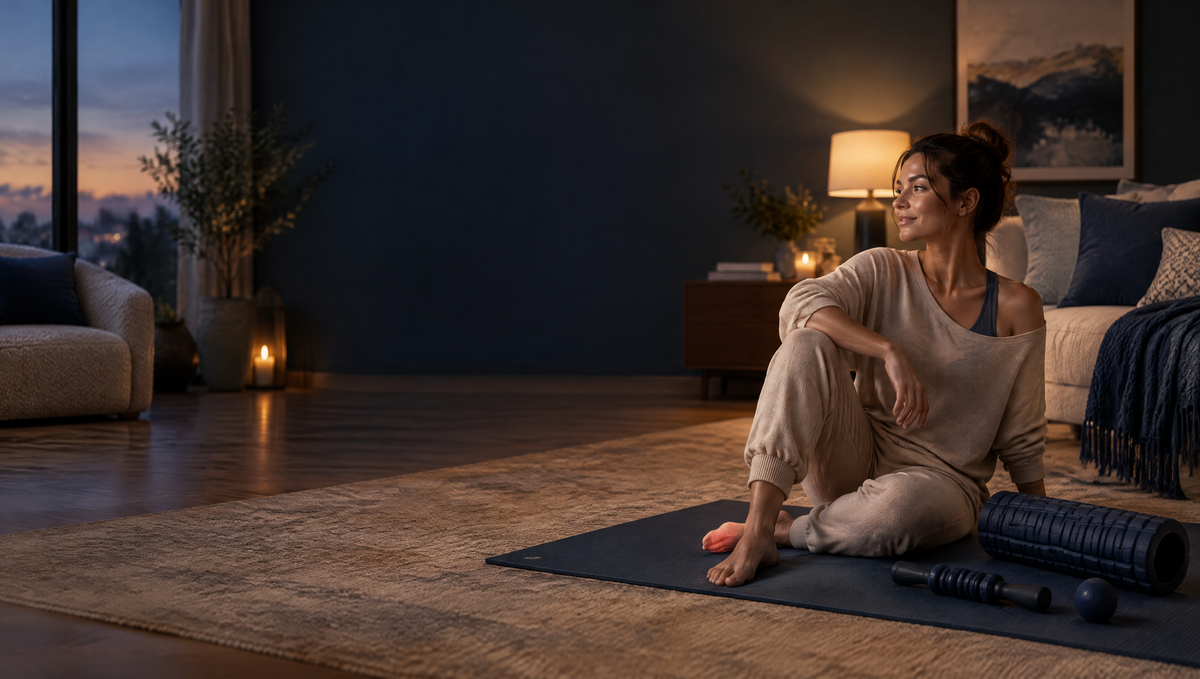 Espace détente à la maison avec rouleaux de massage et tapis de yoga
