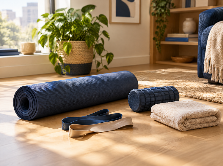 Coin bien-être à la maison avec tapis de yoga, bandes de résistance et rouleau de massage